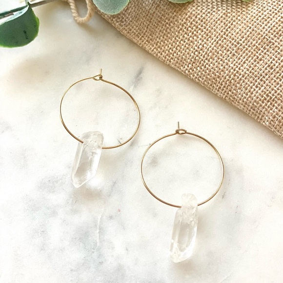Clear Crystal Quartz Gold Hoop Earrings - Picture 2 of 3